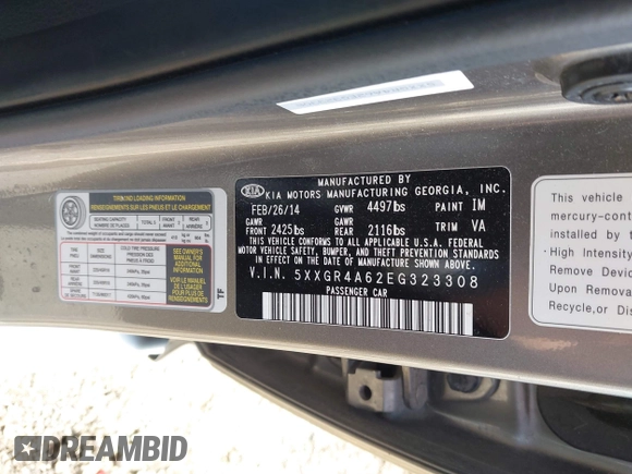 2014 Kia Optima SXL Turbo with VIN 5XXGR4A62EG323308, listed as a IAAI auction lot 42069853 with 118,168 mi miles and . Bid and sale history available at DreamBid. Image 9.