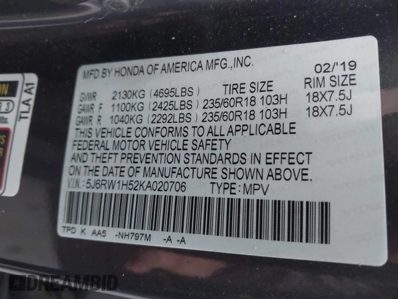 2019 Honda CR-V EX with VIN 5J6RW1H52KA020706, listed as a IAAI auction lot 42047326 with 1 mi miles. Bid and sale history available at carsss.com. Image 9.