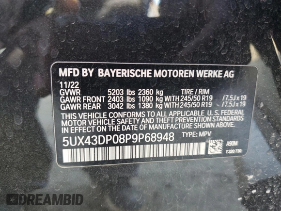 2023 BMW X3 sDrive30i with VIN 5UX43DP08P9P68948, listed as a Copart auction lot 81995894 with Not Provided miles and Clean Title. Bid and sale history available at DreamBid. Image 14.