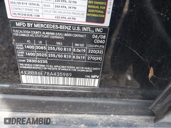 2008 Mercedes-Benz M 350 with VIN 4JGBB86E78A435989, listed as a IAAI auction lot 42156422 with 136,588 mi miles and . Bid and sale history available at DreamBid. Image 9.