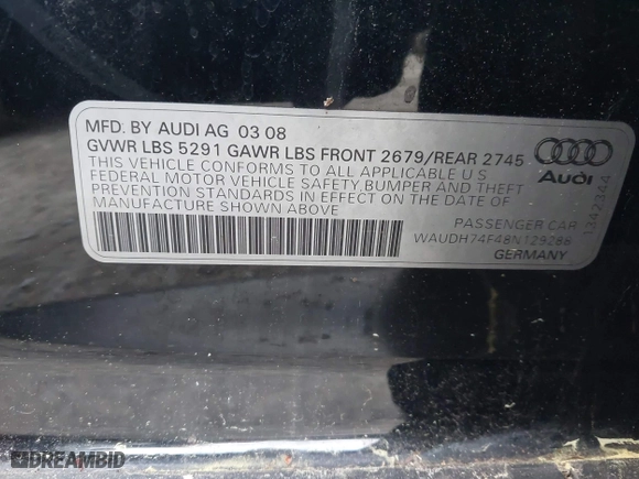 2008 Audi A6 with VIN WAUDH74F48N129288, listed as a IAAI auction lot 41960697 with 196,713 mi miles. Bid and sale history available at carsss.com. Image 9.