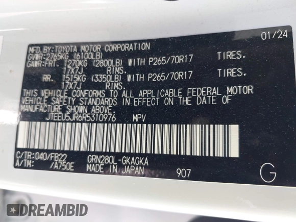2024 Toyota 4Runner SR5 with VIN JTEEU5JR6R5310976, listed as a IAAI auction lot 42485389 with 23,190 mi miles and . Bid and sale history available at DreamBid. Image 9.