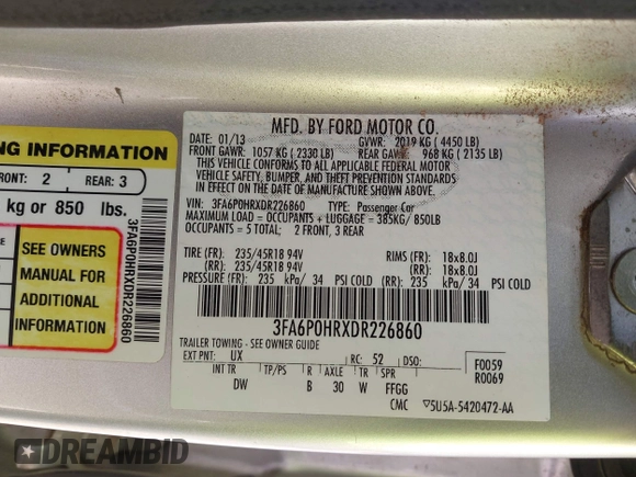 2013 Ford Fusion SE with VIN 3FA6P0HRXDR226860, listed as a IAAI auction lot 42352194 with 110,215 mi miles and . Bid and sale history available at DreamBid. Image 9.