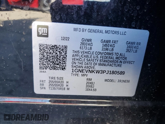 2023 Chevrolet Traverse High Country with VIN 1GNEVNKW3PJ180589, listed as a Copart auction lot 58045285 with 38,121 mi miles and Salvage title. Bid and sale history available at DreamBid. Image 13.