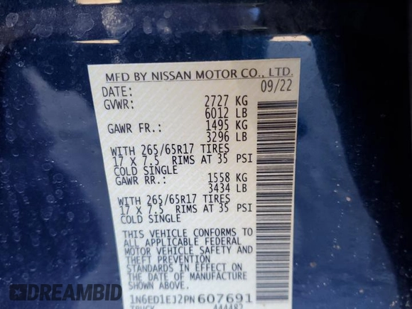 2023 Nissan Frontier SV with VIN 1N6ED1EJ2PN607691, listed as a Copart auction lot 42690445 with 14,533 mi miles and Salvage title. Bid and sale history available at DreamBid. Image 12.