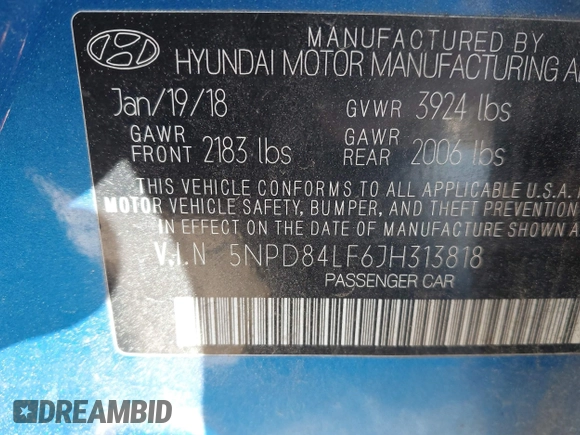 2018 Hyundai Elantra SEL with VIN 5NPD84LF6JH313818, listed as a IAAI auction lot 41833749 with 237,802 mi miles and . Bid and sale history available at DreamBid. Image 9.
