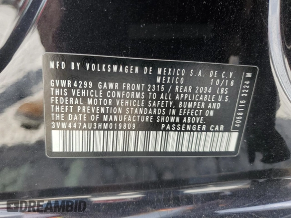 2017 Volkswagen Golf GTI S with VIN 3VW447AU3HM019809, listed as a Copart auction lot 67392194 with Not Provided miles and Salvage Title. Bid and sale history available at carsss.com. Image 12.
