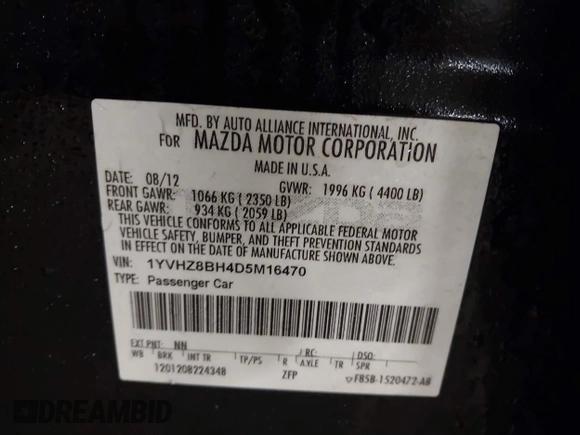 2013 Mazda 6 i Sport with VIN 1YVHZ8BH4D5M16470, listed as a IAAI auction lot 41594785 with 184,977 mi miles. Bid and sale history available at carsss.com. Image 9.
