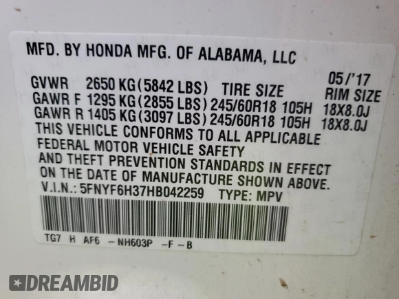 2017 Honda Pilot EX with VIN 5FNYF6H37HB042259, listed as a Copart auction lot 55798125 with 237,637 mi miles and Clean Title. Bid and sale history available at DreamBid. Image 13.