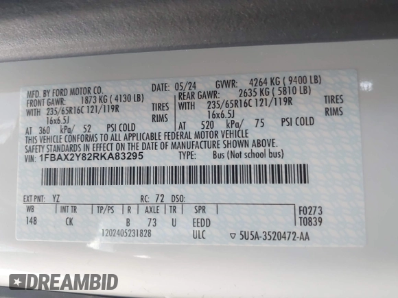 2024 Ford Transit Passenger XL с VIN 1FBAX2Y82RKA83295, выставлен на аукционе IAAI как лот 42443760 с пробегом 19 319 миль миль и . История ставок и продаж доступна на DreamBid. Изображение 9.