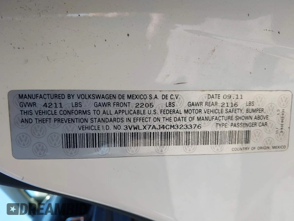 2012 Volkswagen Jetta Sedan SEL w/Sunroof with VIN 3VWLX7AJ4CM323376, listed as a IAAI auction lot 41722977 with 282,535 mi miles. Bid and sale history available at carsss.com. Image 9.