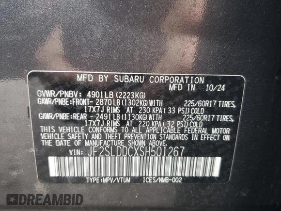 2025 Subaru Forester Premium with VIN JF2SLDDCXSH501267, listed as a Copart auction lot 57899865 with 4,147 mi miles and Salvage title. Bid and sale history available at DreamBid. Image 13.
