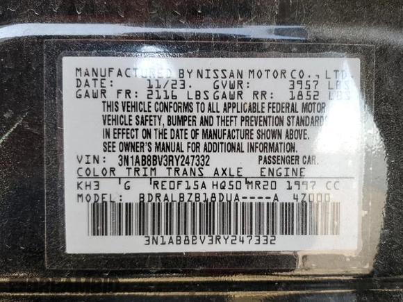 2024 Nissan Sentra S with VIN 3N1AB8BV3RY247332, listed as a Copart auction lot 43324105 with 20,941 mi miles and Salvage Title. Bid and sale history available at carsss.com. Image 15.