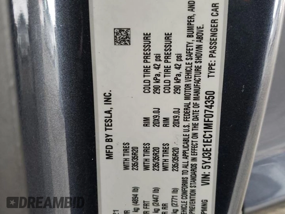 2021 Tesla Model 3 Performance with VIN 5YJ3E1EC1MF074350, listed as a Copart auction lot 47434275 with 63,319 mi miles and Salvage Title. Bid and sale history available at DreamBid. Image 15.
