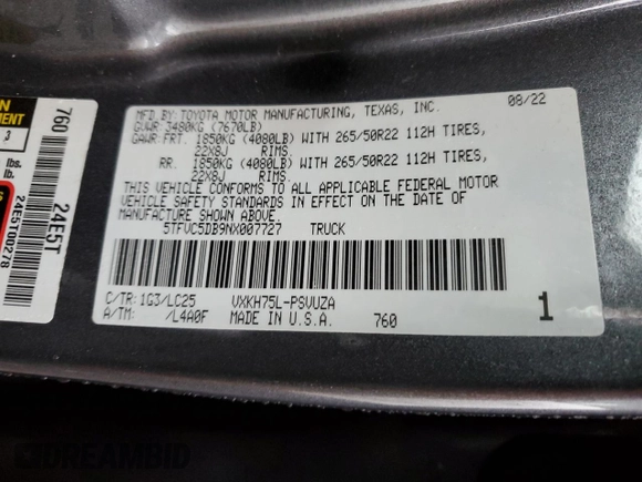2022 Toyota Tundra Capstone Hybrid with VIN 5TFVC5DB9NX007727, listed as a Copart auction lot 49728855 with 42,542 mi miles and Salvage title. Bid and sale history available at DreamBid. Image 13.