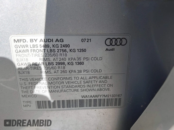 2021 Audi Q5 Premium with VIN WA1AAAFY7M2133167, listed as a IAAI auction lot 42658671 with 62,020 mi miles and . Bid and sale history available at DreamBid. Image 9.