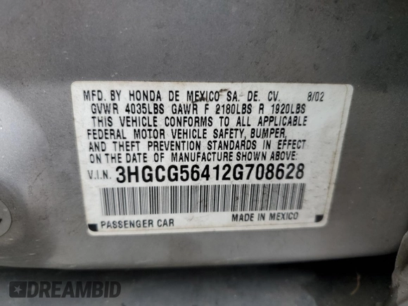 2002 Honda Accord LX z VIN 3HGCG56412G708628, wystawiony jako Copart lot #57347935 z przebiegiem 146 894 mil mil oraz Szkoda całkowita • Salvage title. Historia ofert i sprzedaży dostępna na DreamBid. Obrazek 13.