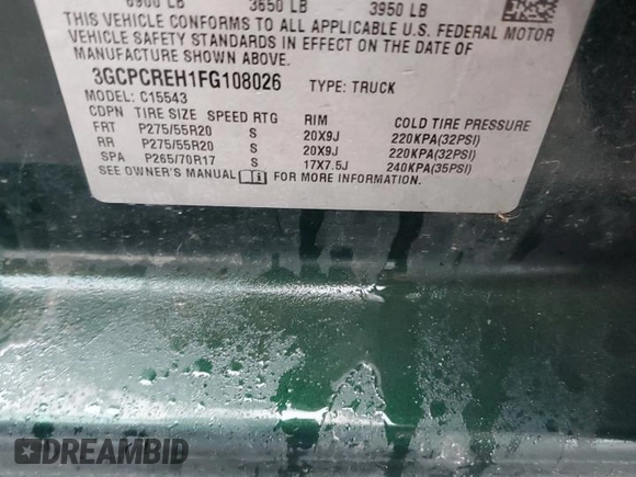 2015 Chevrolet Silverado 1500 LT with VIN 3GCPCREH1FG108026, listed as a Copart auction lot 51109545 with 196,133 mi miles and Salvage Title. Bid and sale history available at DreamBid. Image 12.