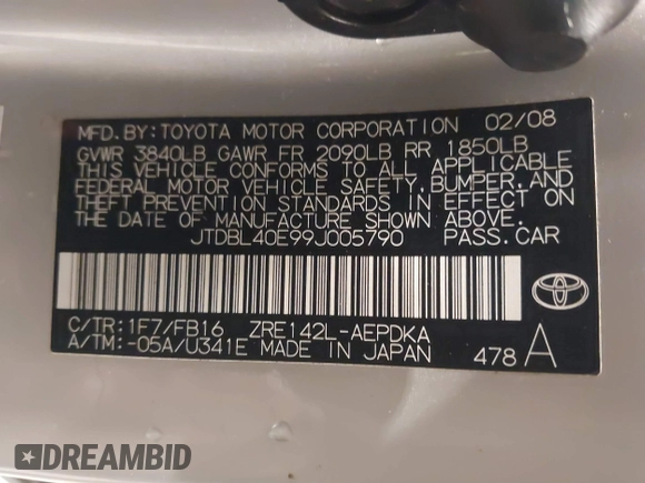 2009 Toyota Corolla with VIN JTDBL40E99J005790, listed as a IAAI auction lot 41561087 with 108,553 mi miles. Bid and sale history available at carsss.com. Image 9.