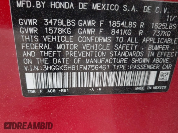 2015 Honda Fit EX-L with VIN 3HGGK5H81FM756461, listed as a IAAI auction lot 42080190 with 35,711 mi miles and . Bid and sale history available at DreamBid. Image 9.