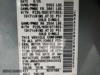 2005 Nissan Murano SL with VIN JN8AZ08W25W443553, listed as a Copart auction lot 87277484 with 197,668 mi miles and Salvage Title. Bid and sale history available at carsss.com. Image 14.