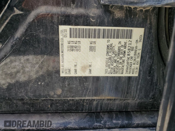 2010 Nissan Maxima SV with VIN 1N4AA5AP7AC858212, listed as a Copart auction lot 58615705 with Not provided miles and Clean title. Bid and sale history available at DreamBid. Image 12.