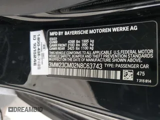 2022 BMW 2 Series 230i with VIN 3MW23CM02N8C63743, listed as a Copart auction lot 49281705 with 24,043 mi miles and Salvage Title. Bid and sale history available at carsss.com. Image 12.