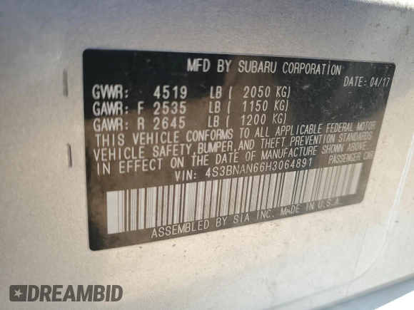 2017 Subaru Legacy Limited with VIN 4S3BNAN66H3064891, listed as a Copart auction lot 56409915 with 91,072 mi miles and Salvage title. Bid and sale history available at DreamBid. Image 12.