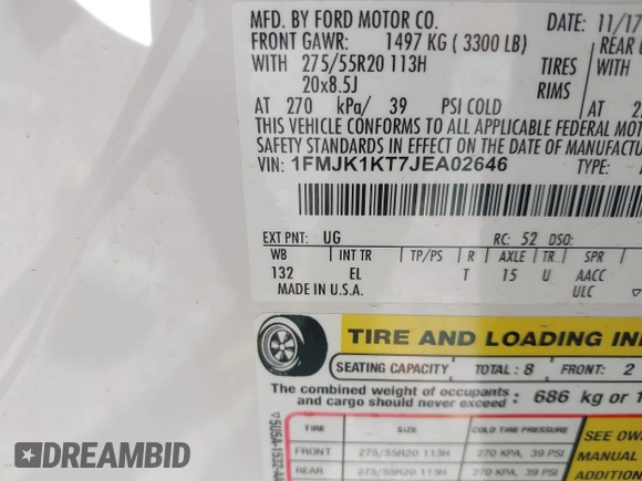 2018 Ford Expedition Max Limited with VIN 1FMJK1KT7JEA02646, listed as a IAAI auction lot 41727938 with 199,594 mi miles and . Bid and sale history available at DreamBid. Image 9.