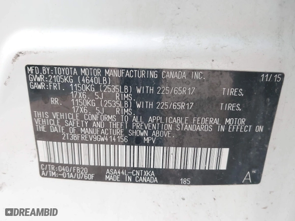 2016 Toyota RAV4 LE with VIN 2T3BFREV9GW414156, listed as a IAAI auction lot 42058970 with 149,804 mi miles. Bid and sale history available at carsss.com. Image 5.