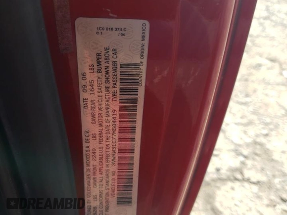 2007 Volkswagen Beetle with VIN 3VWRW31C77M504419, listed as a Copart auction lot 62310725 with 225,004 mi miles and Salvage title. Bid and sale history available at DreamBid. Image 12.