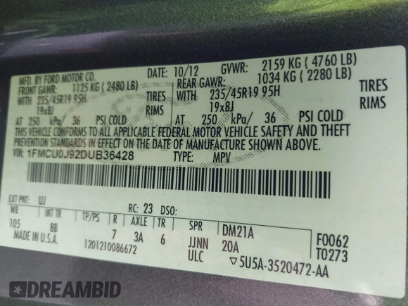 2013 Ford Escape Titanium with VIN 1FMCU0J92DUB36428, listed as a IAAI auction lot 42144682 with 263,600 mi miles and . Bid and sale history available at carsss.com. Image 9.