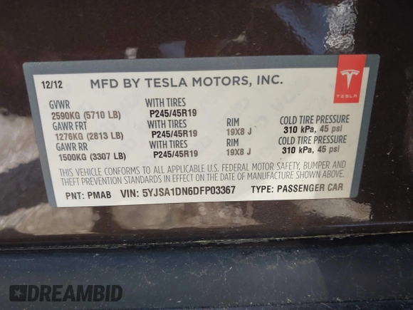2013 Tesla Model S z VIN 5YJSA1DN6DFP03367, wystawiony jako IAAI lot #42565978 z przebiegiem 105 945 mil mil oraz . Historia ofert i sprzedaży dostępna na DreamBid. Obrazek 9.