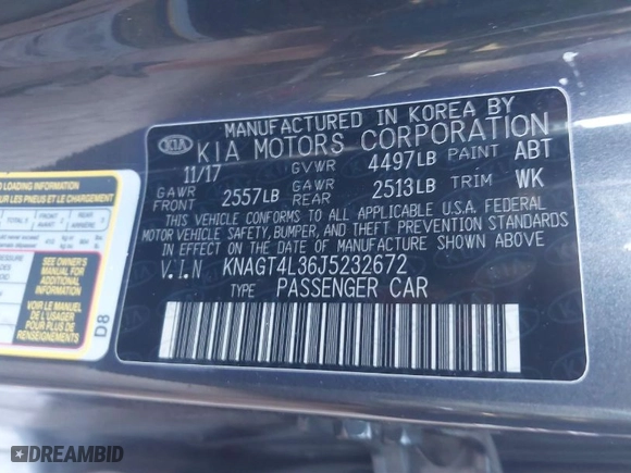 2018 Kia Optima LX with VIN KNAGT4L36J5232672, listed as a IAAI auction lot 41764340 with 168,156 mi miles. Bid and sale history available at carsss.com. Image 9.