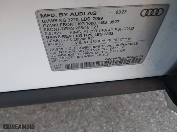 2024 Audi Q8 e-tron Prestige with VIN WA16ABGE2RB008018, listed as a IAAI auction lot 41292816 with NaN miles. Bid and sale history available at carsss.com. Image 9.