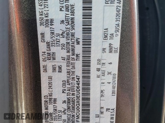 2014 Ford Escape SE with VIN 1FMCU0GX0EUD64547, listed as a Copart auction lot 85126944 with 186,593 mi miles and Salvage Title. Bid and sale history available at carsss.com. Image 13.