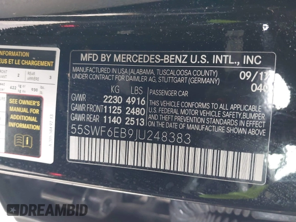 2018 Mercedes-Benz C 43 AMG with VIN 55SWF6EB9JU248383, listed as a IAAI auction lot 41226587 with 125,676 mi miles and . Bid and sale history available at carsss.com. Image 9.