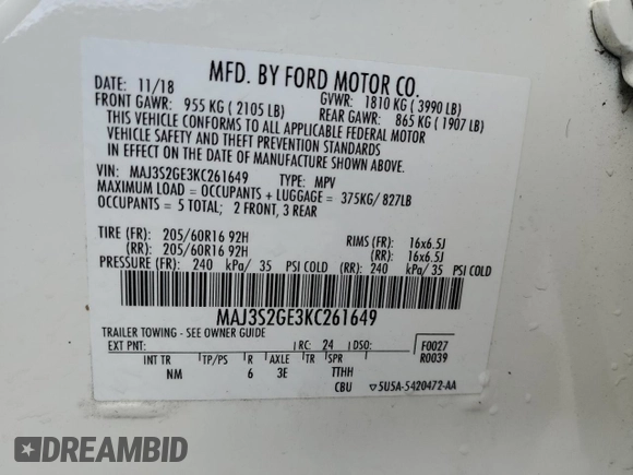 2019 Ford EcoSport SE с VIN MAJ3S2GE3KC261649, выставлен на аукционе Copart как лот 51021775 с пробегом Не указан миль и На запчасти • Non repairable. История ставок и продаж доступна на DreamBid. Изображение 14.