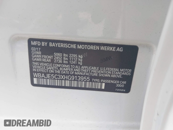 2017 BMW 5 Series 540i with VIN WBAJE5C3XHG913955, listed as a IAAI auction lot 41499473 with 107,227 mi miles and . Bid and sale history available at carsss.com. Image 9.