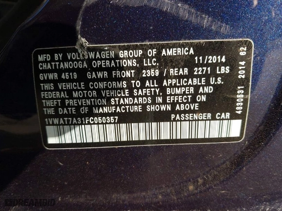 2015 Volkswagen Passat 1.8T S with VIN 1VWAT7A31FC050357, listed as a IAAI auction lot 41487346 with 171,205 mi miles. Bid and sale history available at carsss.com. Image 9.