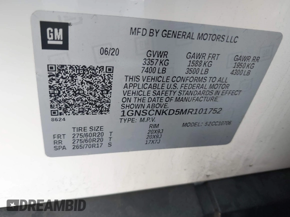 2021 Chevrolet Tahoe LT с VIN 1GNSCNKD5MR101752, выставлен на аукционе IAAI как лот 41597973 с пробегом 50 987 миль миль и . История ставок и продаж доступна на DreamBid. Изображение 9.