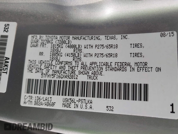 2016 Toyota Tundra 4WD Truck LTD with VIN 5TFHY5F16GX492012, listed as a IAAI auction lot 41708632 with 181,395 mi miles. Bid and sale history available at carsss.com. Image 9.