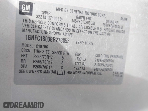 2008 Chevrolet Tahoe 1LT with VIN 1GNFC13038R278053, listed as a IAAI auction lot 42533444 with 168,466 mi miles and . Bid and sale history available at DreamBid. Image 9.