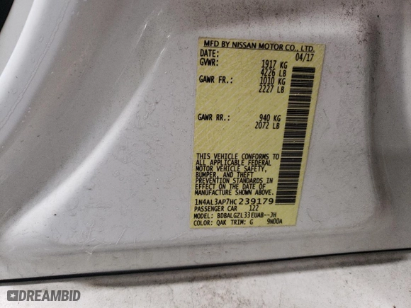 2017 Nissan Altima 2.5 SL with VIN 1N4AL3AP7HC239179, listed as a Copart auction lot 45946695 with 38,845 mi miles and Salvage Title. Bid and sale history available at carsss.com. Image 12.