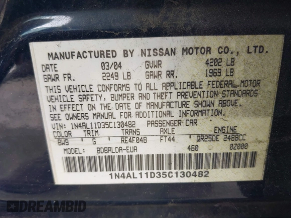 2005 Nissan Altima 2.5 z VIN 1N4AL11D35C130482, wystawiony jako IAAI lot #42303454 z przebiegiem 208 032 mil mil oraz . Historia ofert i sprzedaży dostępna na DreamBid. Obrazek 9.