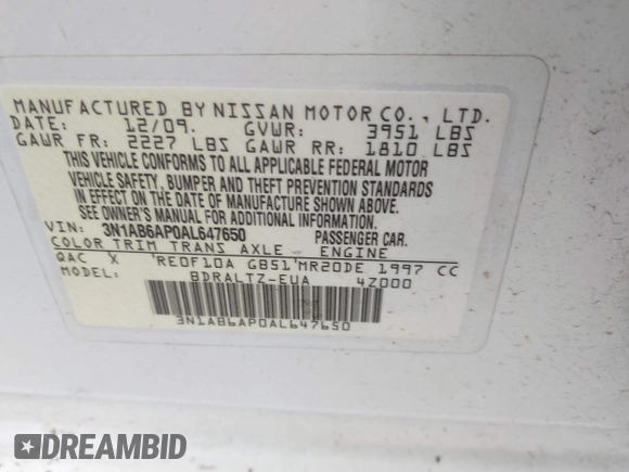 2010 Nissan Sentra S with VIN 3N1AB6AP0AL647650, listed as a IAAI auction lot 42590625 with 156,670 mi miles and . Bid and sale history available at DreamBid. Image 9.