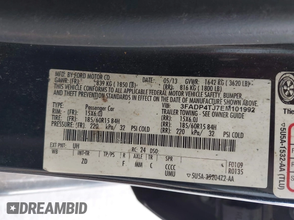 2014 Ford Fiesta S with VIN 3FADP4TJ7EM101992, listed as a IAAI auction lot 42487696 with 205,585 mi miles and . Bid and sale history available at DreamBid. Image 9.