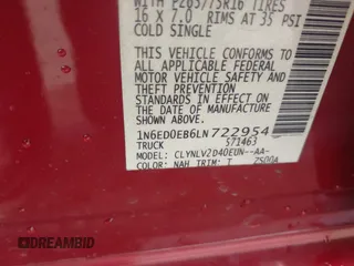 2020 Nissan Frontier SV with VIN 1N6ED0EB6LN722954, listed as a IAAI auction lot 42371753 with Not provided miles and . Bid and sale history available at DreamBid. Image 9.