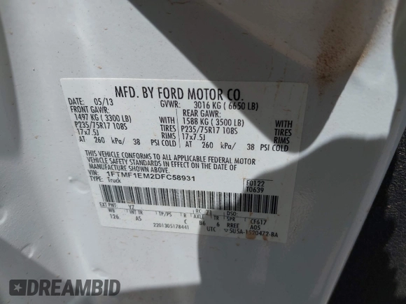 2013 Ford F-150 XL with VIN 1FTMF1EM2DFC58931, listed as a IAAI auction lot 42174669 with 142,223 mi miles. Bid and sale history available at carsss.com. Image 9.