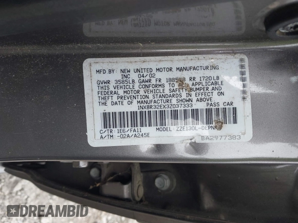 2003 Toyota Corolla CE with VIN 1NXBR32EX3Z037333, listed as a IAAI auction lot 42103368 with 205,925 mi miles and . Bid and sale history available at DreamBid. Image 9.
